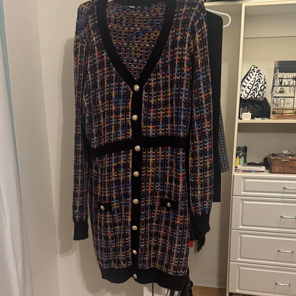 Fashion Nova Black Multicolor Button-Up sweater dress